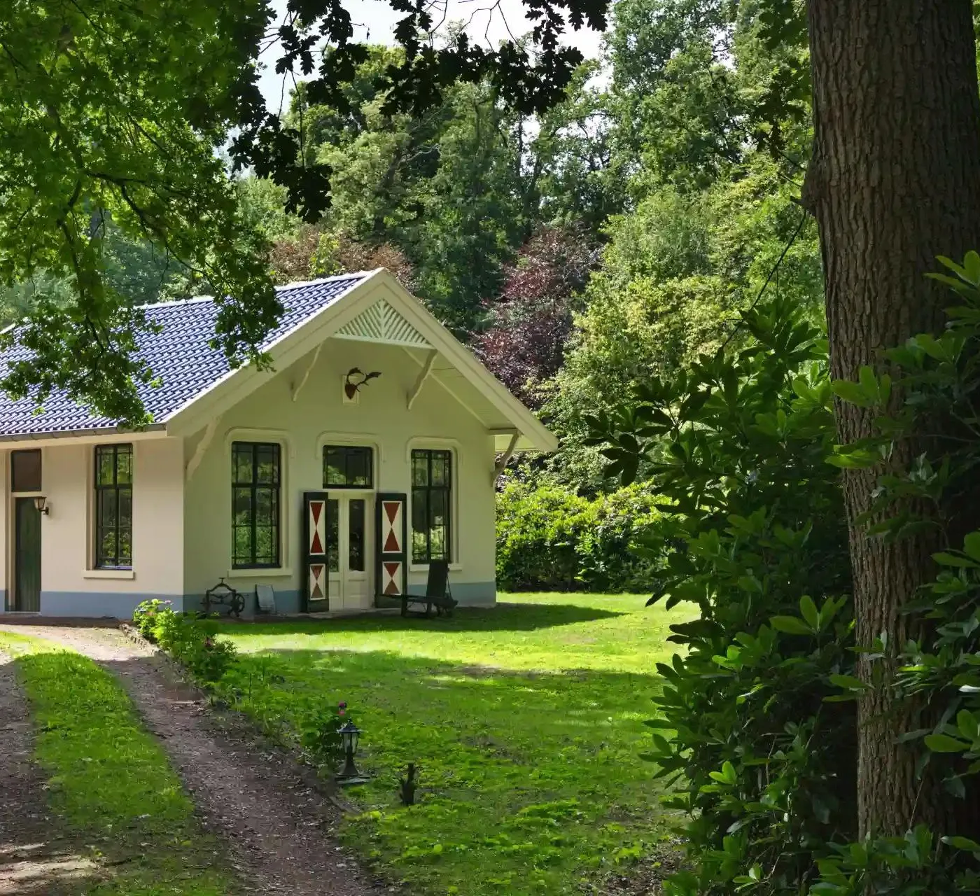 white accessory dwelling unit in a woods